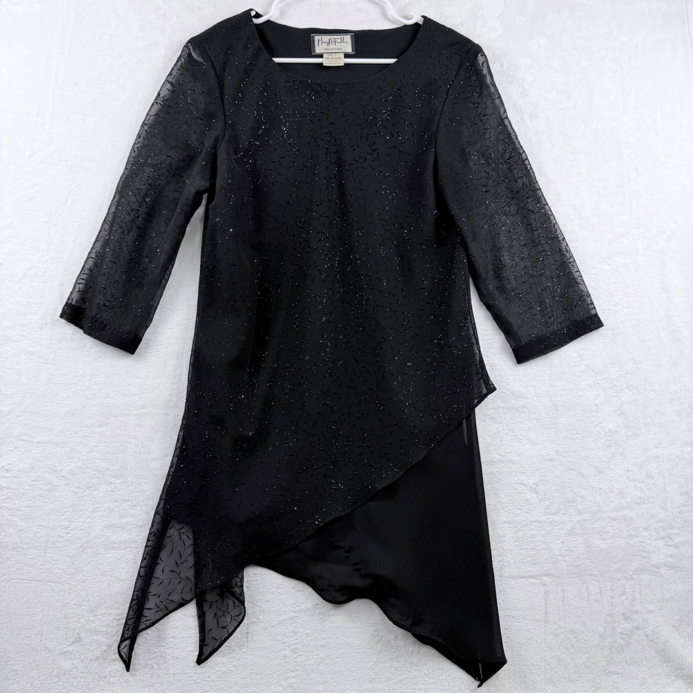Mary McFadden Collection Top Black Glitter Leaf Asymmetrical Hem Size 8